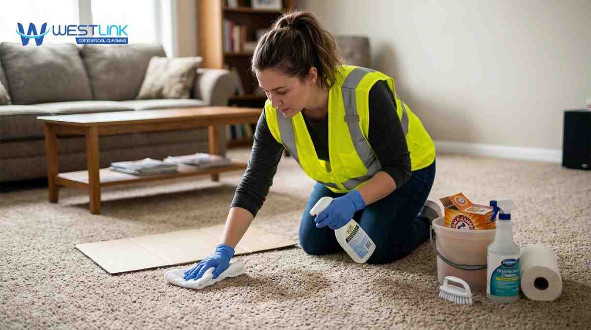 Person wearing gloves carefully cleaning vomit from a carpet with cloth and gentle spray, using protective measures like a mat to prevent damage.
