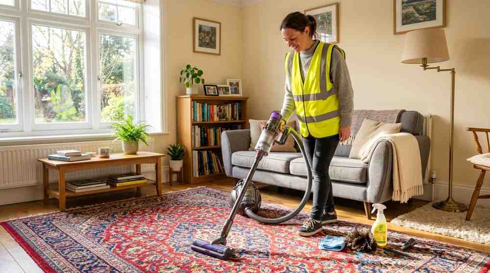 A person vacuuming a clean, colorful carpet in a sunlit living room, demonstrating daily carpet care tips.