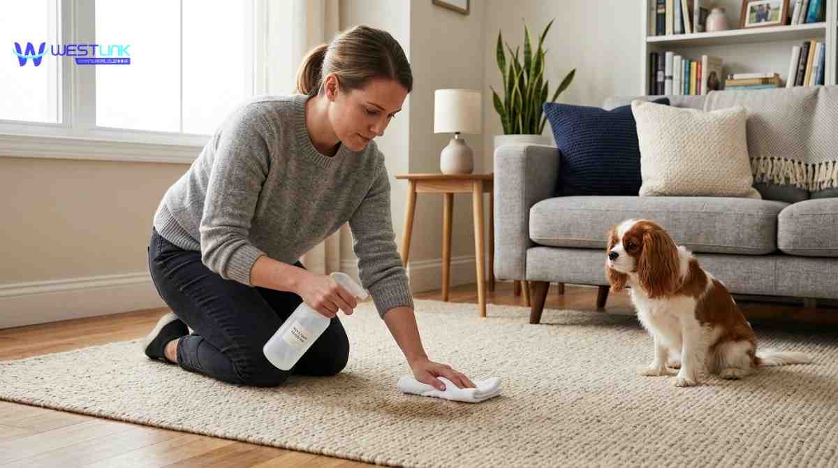 Pet owner cleaning dog urine stain from carpet using spray solution and cloth in a home setting