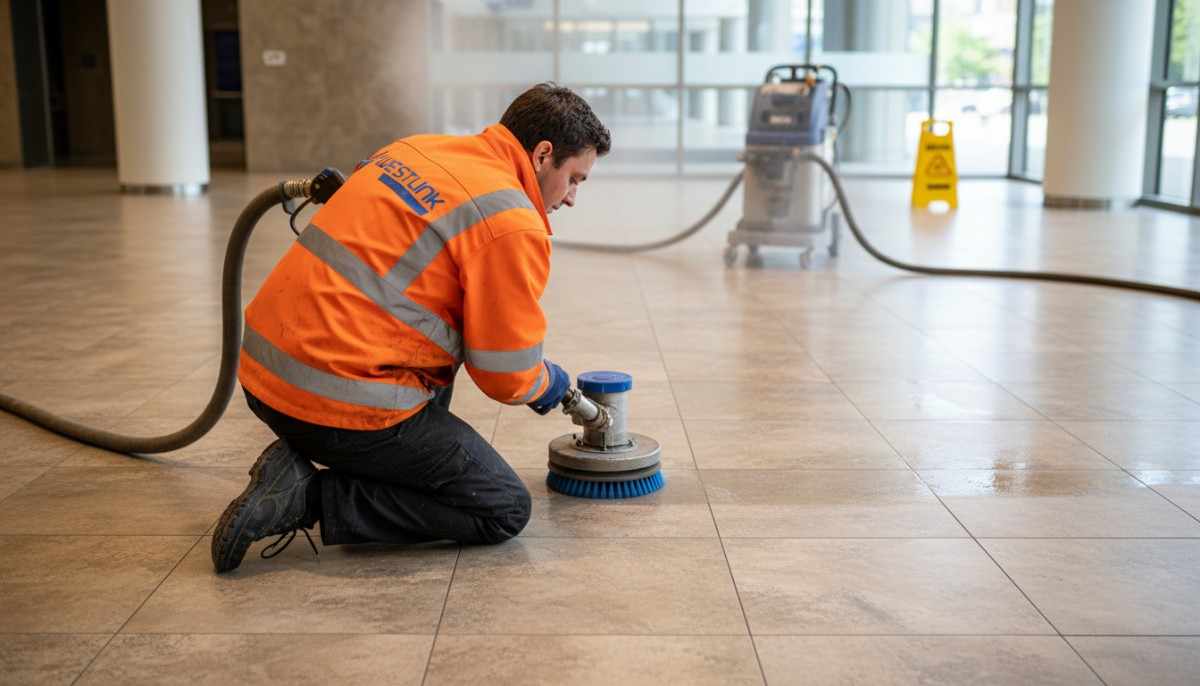 Westlink Commercial Cleaning Professional cleaner deep cleaning porcelain tiles in a Sydney commercial property