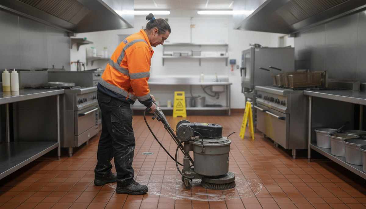 Westlink Commercial Cleaning technician scrubbing quarry tiles in a commercial kitchen in Sydney