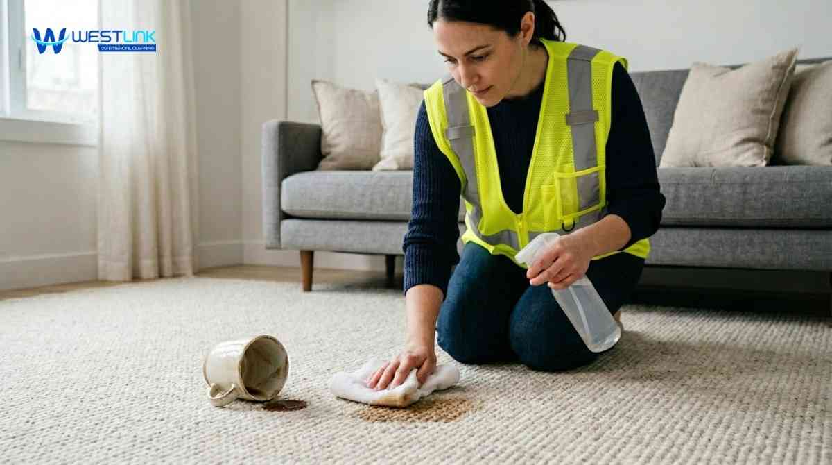 Person blotting coffee stain from carpet using cloth and cleaning solution in a home setting