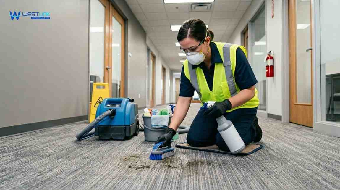 Professional cleaner removing mould from commercial carpet using protective equipment and cleaning tools