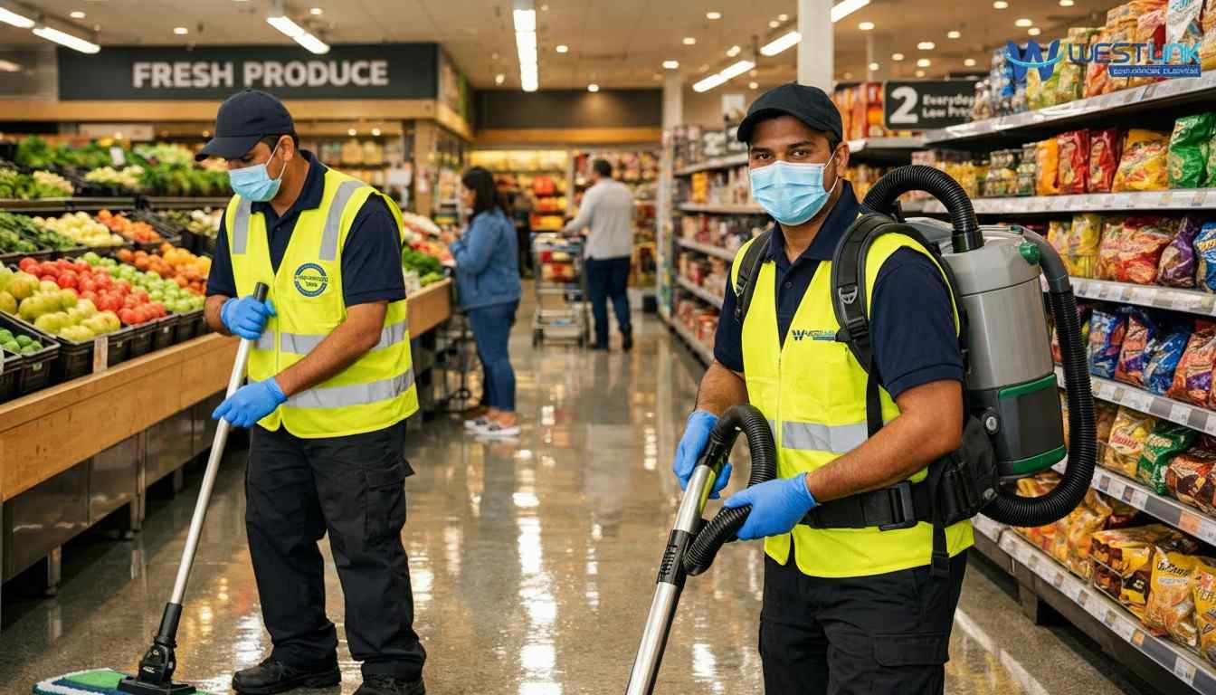 The professional Westlink Commercial  retail cleaning team maintaining a bright supermarket in Parramatta, Sydney 