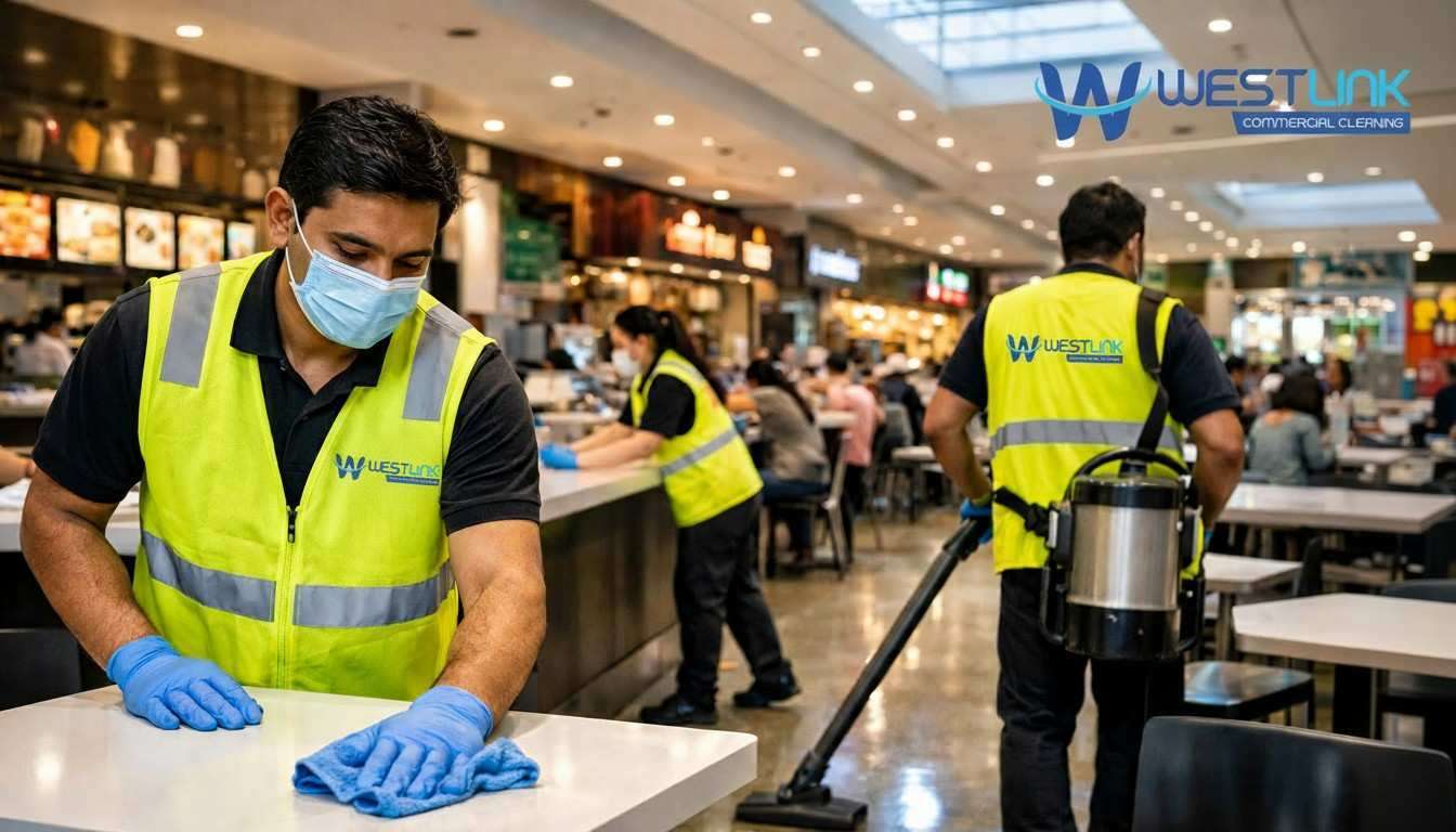 Westlink commercial cleaning team keeping a busy food court spotless at Westfield Chatswood, Sydney NSW