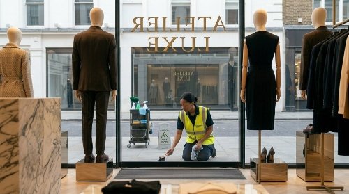 Westlink Commercial Cleaning cleaner cleaning retail shopfront glass from inside the store
