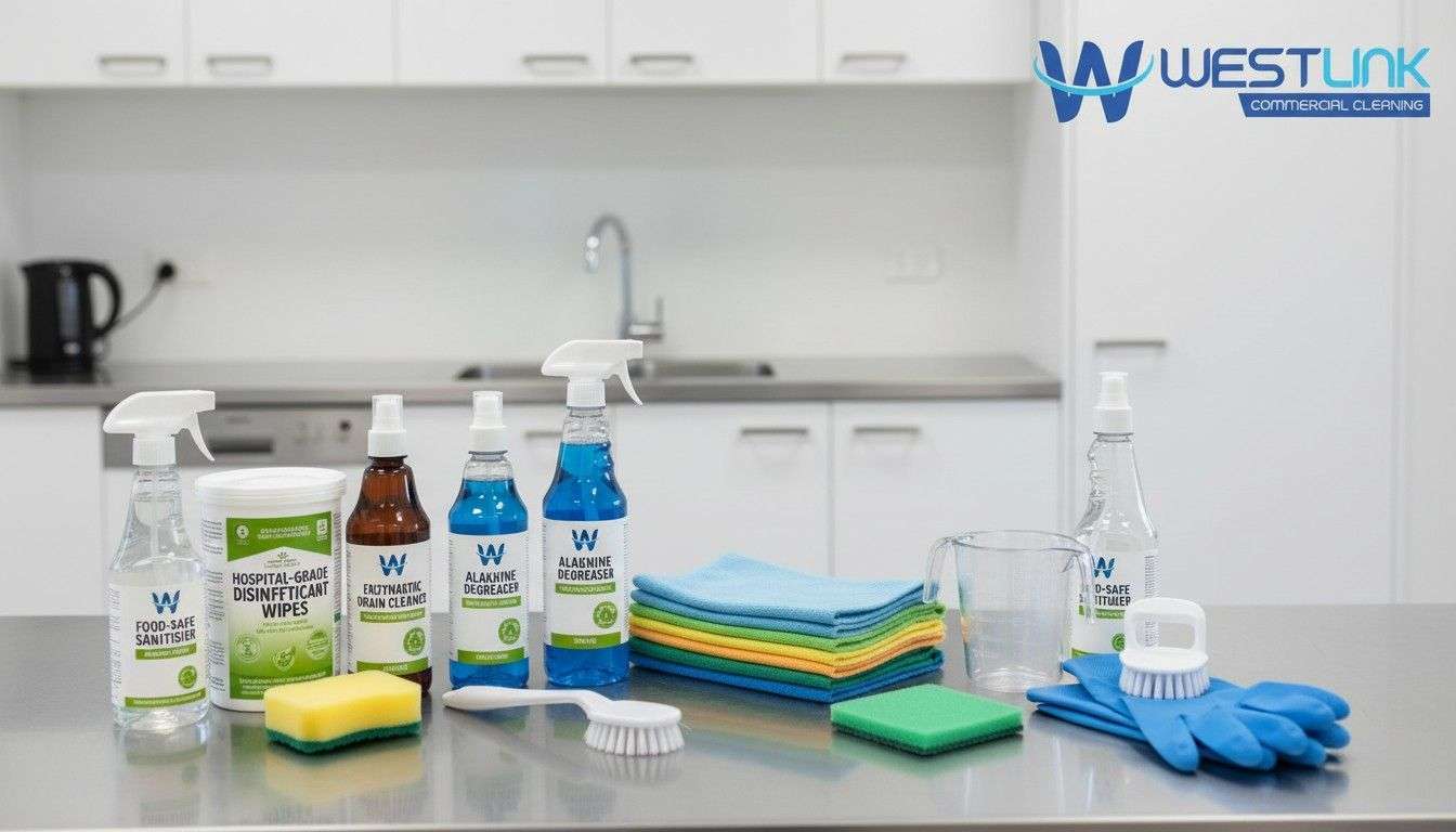 Professional arrangement of eco-friendly cleaning products and tools for staff kitchen cleaning including food-safe sanitiser, enzymatic drain cleaner, hospital-grade disinfectant, microfibre cloths, brushes and gloves
