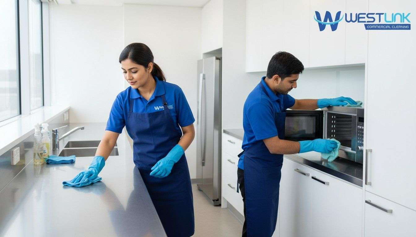 Westlink Commercial Trained professional cleaners in uniform performing hygiene cleaning in a modern office staff kitchen and kitchenette