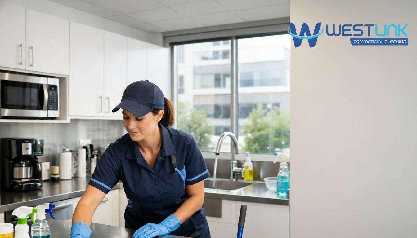 Professional cleaner performing thorough cleaning of a modern office staff kitchen and kitchenette with stainless steel surfaces and white cabinets