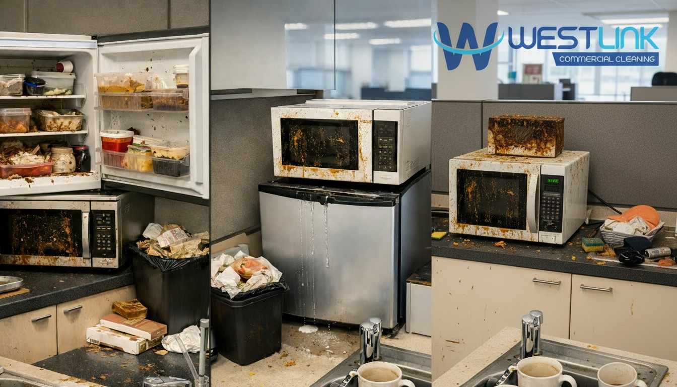 Before cleaning view showing common hygiene issues in office staff kitchen and compact kitchenette including dirty fridge, microwave, sink and overflowing bin.
