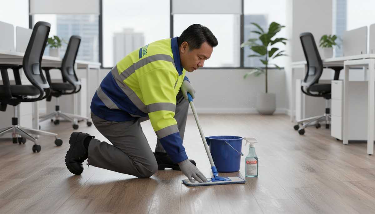 Westlink Commercial Cleaning cleaner kneeling on a timber-look laminate floor in a modern office