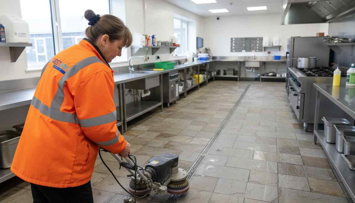 Westlink Commercial Cleaning cleaner scrubbing a stone-look laminate floor in a commercial kitchen