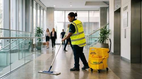 Westlink Commercial Cleaning staff member mopping a lobby floor in a strata common area
