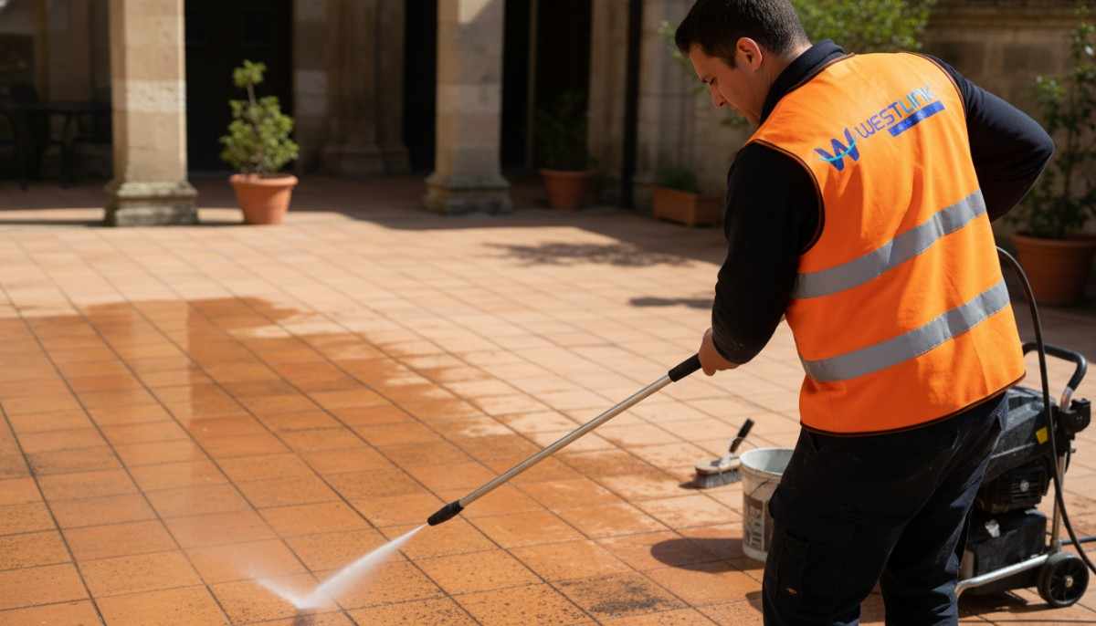 Westlink Commercial Cleaning technician pressure cleaning terracotta tiles at a commercial entrance in Sydney