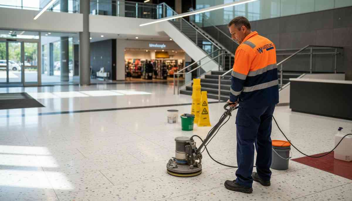 Westlink Commercial Cleaning technician machine cleaning terrazzo tiles in a Sydney commercial lobby