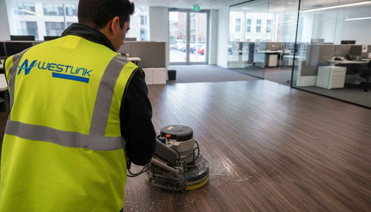 Westlink Commercial Cleaning operator using a floor scrubber on textured dark laminate in a commercial interior