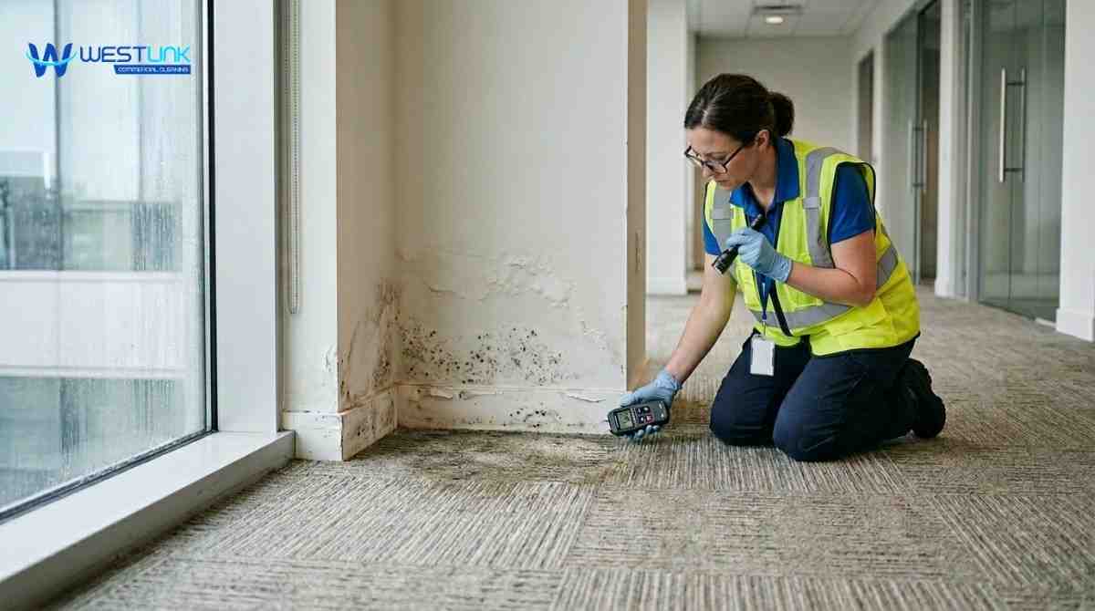 Close-up of commercial carpet showing different mould spots and discoloration patterns under inspection
