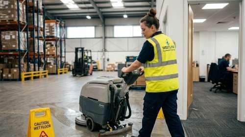 Westlink Commercial Cleaning operator using a floor scrubber in a warehouse and industrial space