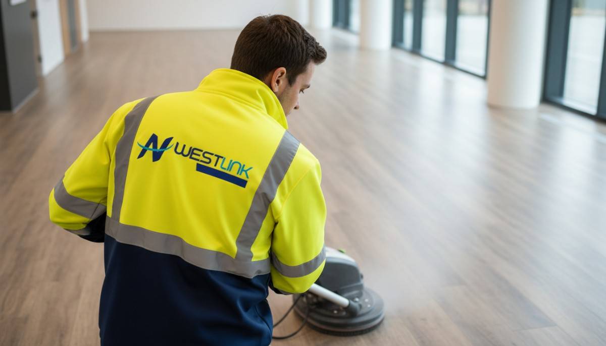 Westlink Commercial Cleaning operator using a floor machine on a water-resistant laminate floor in a commercial hallway