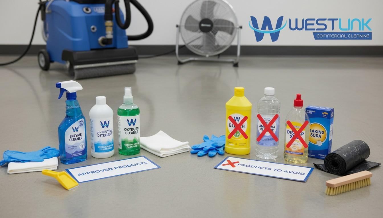 A flat-lay of commercial carpet cleaning tools and products arranged in two groups on a neutral floor surface, showing approved enzyme cleaners, pH-neutral detergents, and application tools on one side, and products to avoid including bleach, ammonia, and baking soda clearly separated on the other.