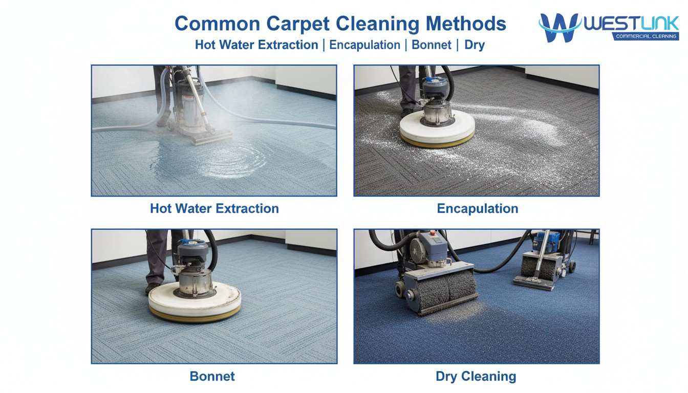 Infographic showing four common carpet cleaning methods: steam cleaning, encapsulation, bonnet, and dry cleaning.