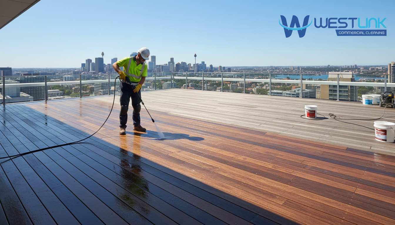 Technician gently pressure washing hardwood rooftop deck along the grain with low PSI.