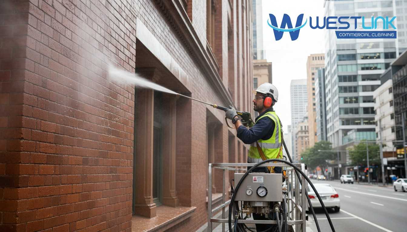 Professional team using industrial hot water pressure washer on large commercial building facade in Sydney CBD.