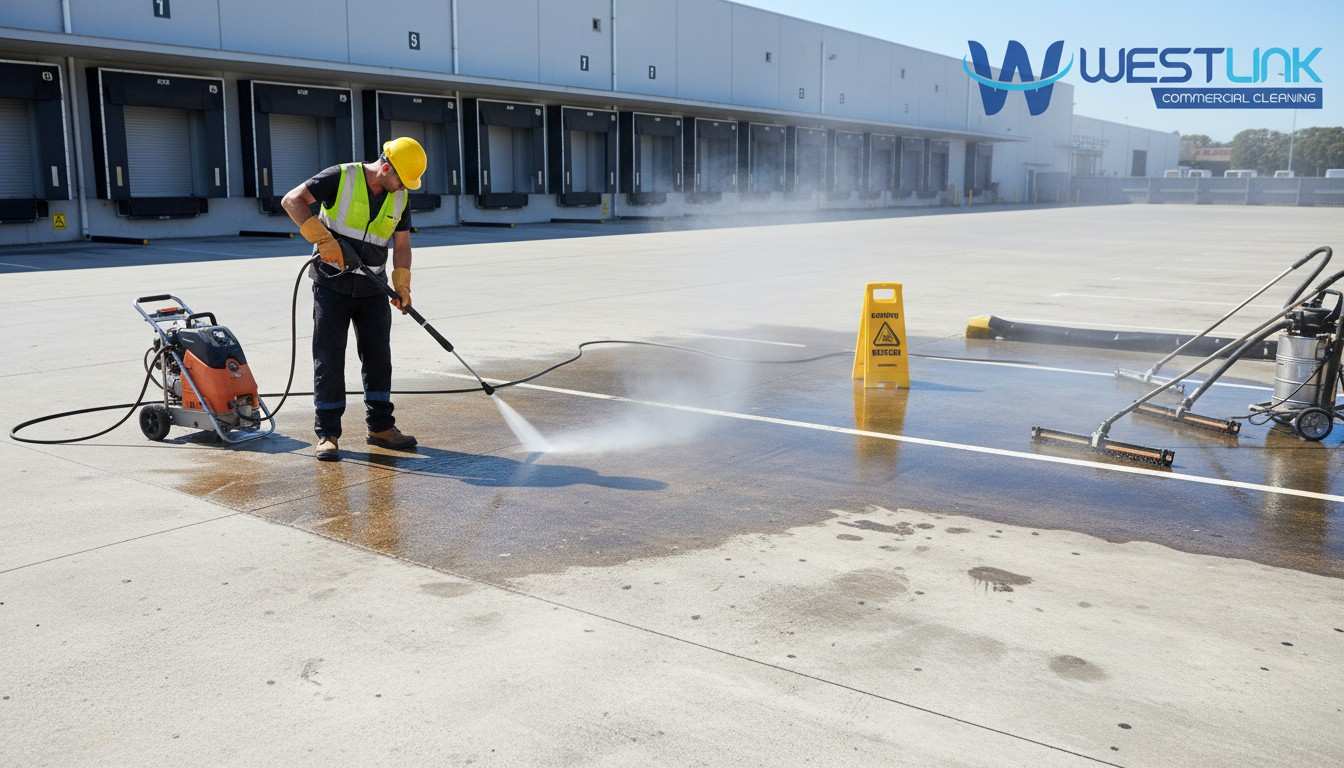 Worker using hot water pressure washer to clean oil stains from commercial concrete loading dock with water recovery system.
