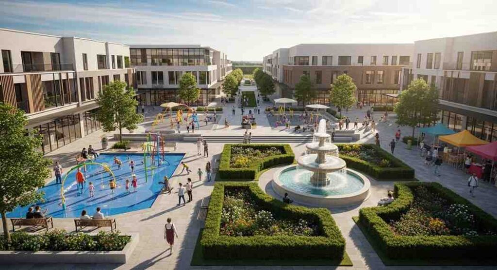 Clean modern shopping plaza at Edmondson Square with tidy walkways, outdoor seating, and people visiting local shops