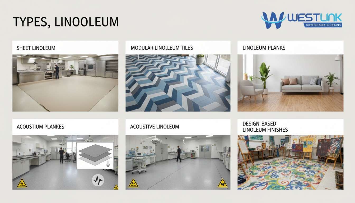 Different types of linoleum flooring including sheet, tiles, planks, acoustic, conductive, and design patterns.
