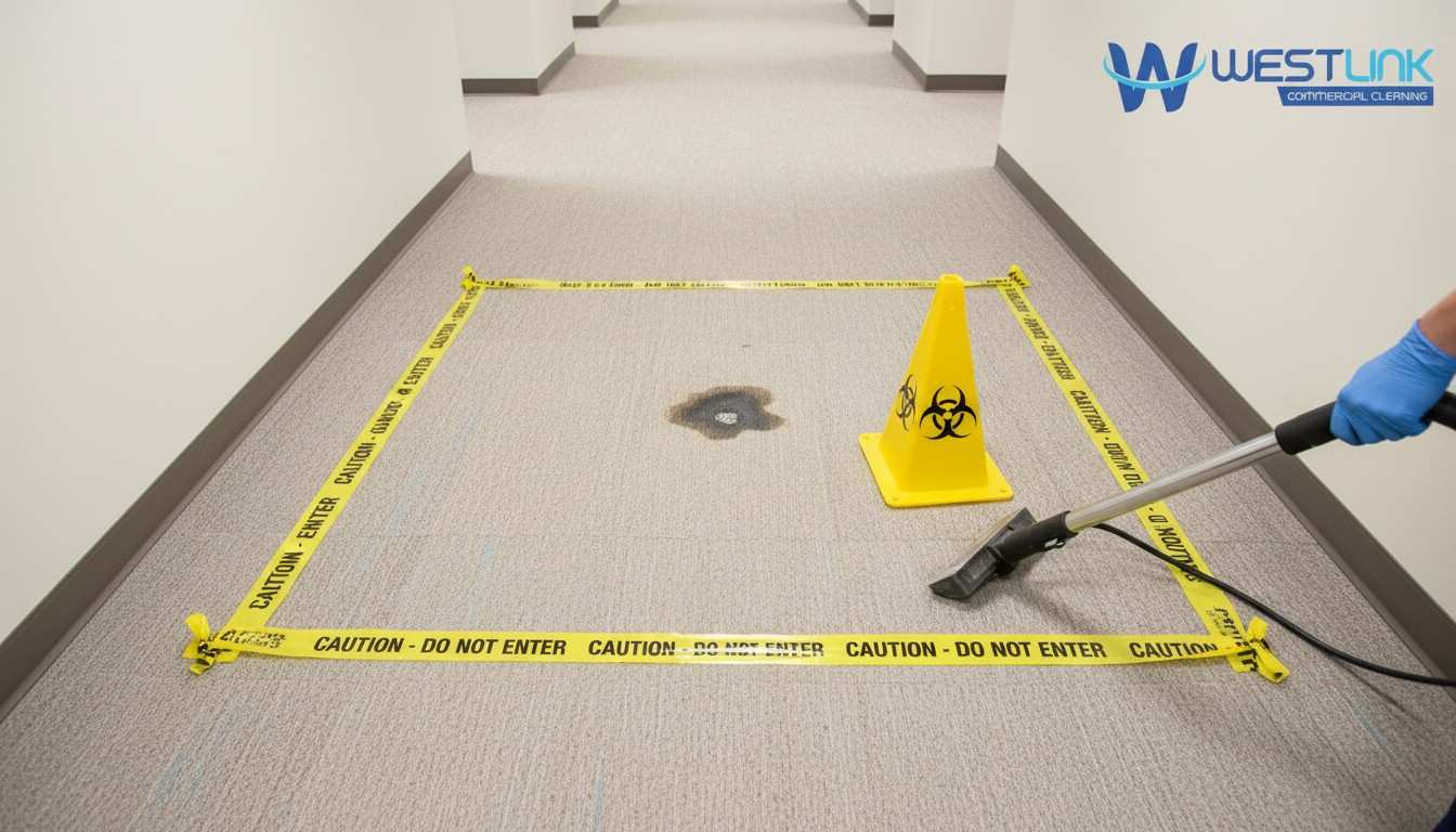 A yellow biohazard warning cone placed on a light-coloured commercial carpet next to a cordoned-off contaminated area, with a gloved professional holding a cleaning tool in the background.