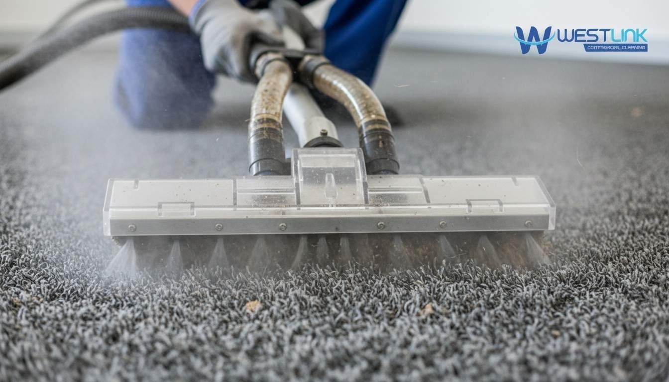 Close-up of professional hot water extraction cleaning carpet fibers.