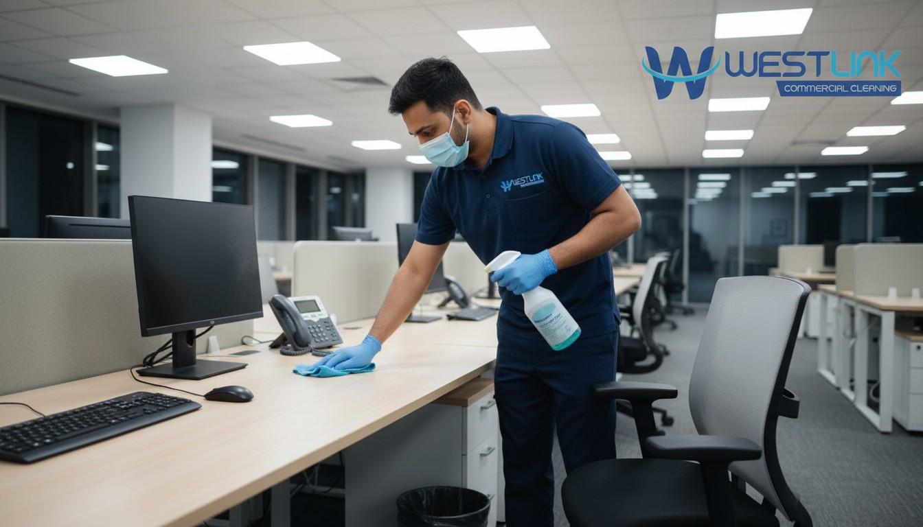 Professional office desk cleaning service: cleaner sanitizing keyboard, mouse, monitor, and phone on a clear workstation while respecting employee privacy.