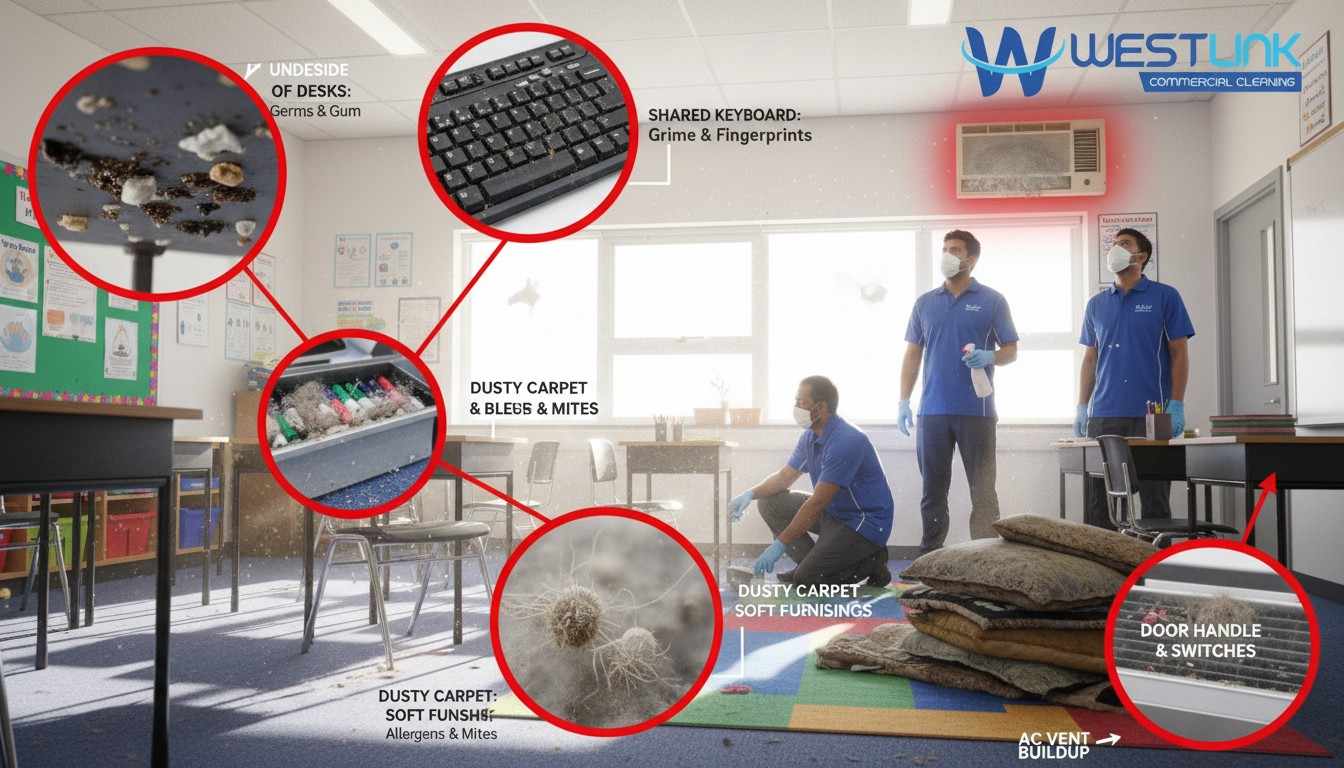 7 hidden germ hotspots in a school classroom, including desk undersides, keyboards, carpet edges, AC vents, soft furnishings, whiteboard trays, and door handles.