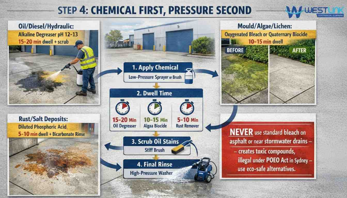 Chemical first: right cleaner + dwell time for oil, algae, rust; never use bleach.