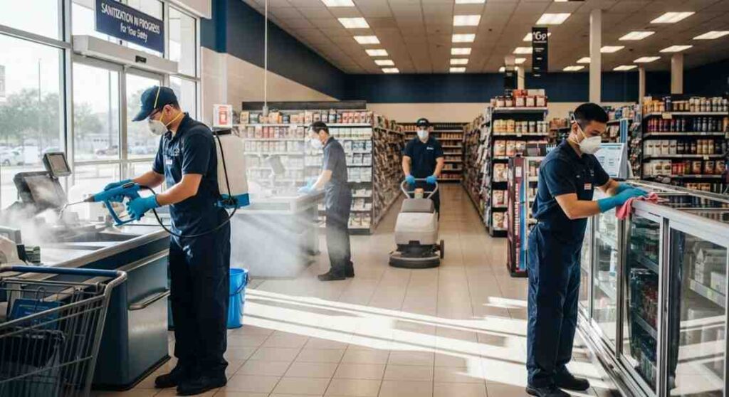 Professional team sanitizing high-traffic retail store shelves, counters and floors using commercial-grade disinfectants and equipment for a safe shopping environment