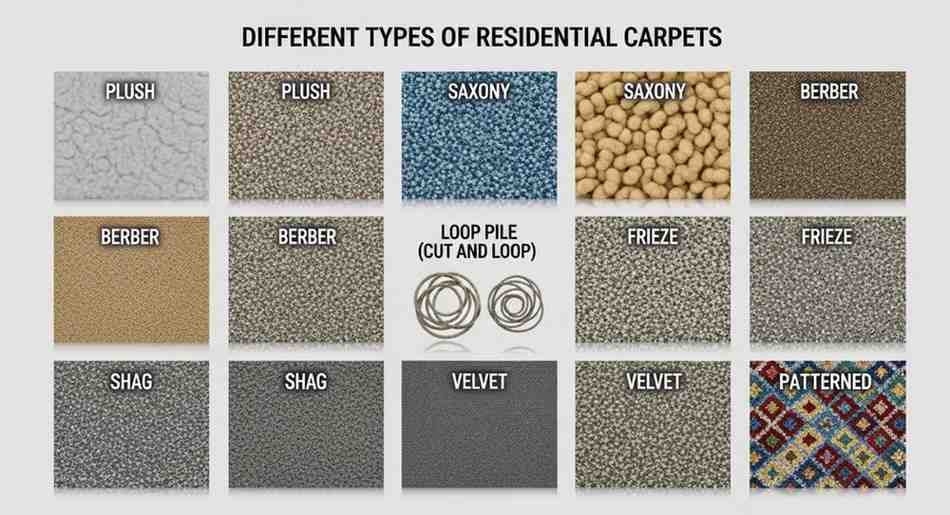 Various residential carpet textures and materials displayed in a home setting, including plush, loop pile, and cut pile carpets.
