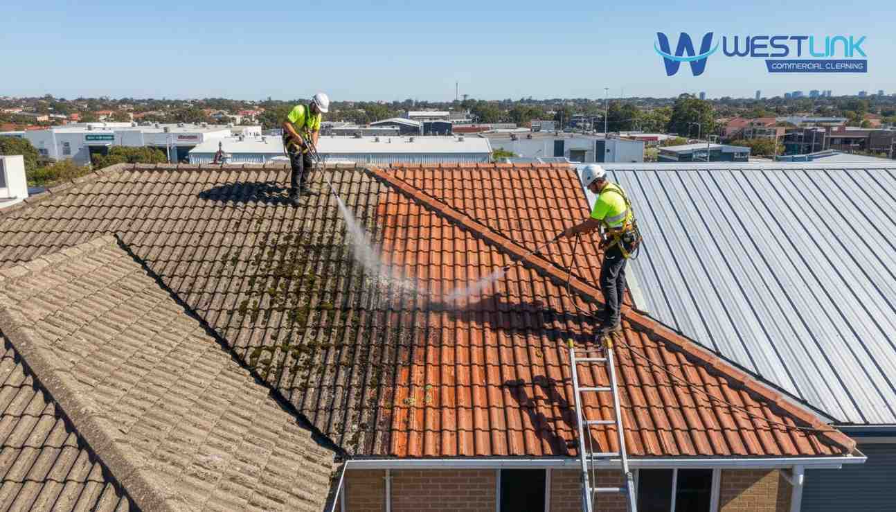 Roof cleaners using elevated platform to soft wash concrete and terracotta tiles safely.