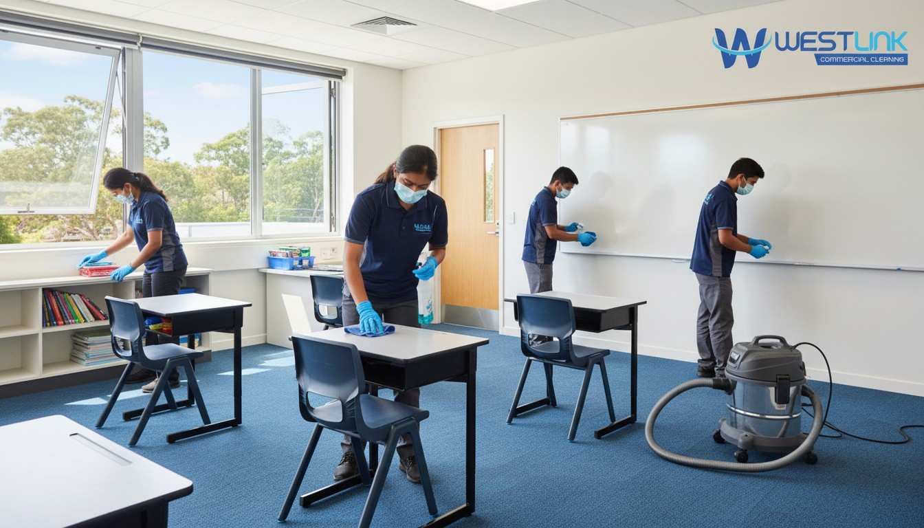 Professional cleaner disinfecting desks in a bright Sydney school classroom to ensure a hygienic learning environment.