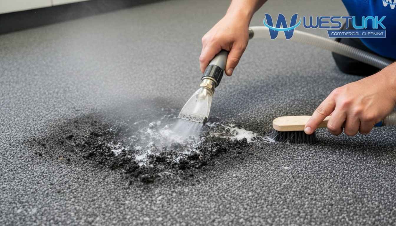 Zoomed-in view of professional cleaner removing black mold from carpet with extraction tool.