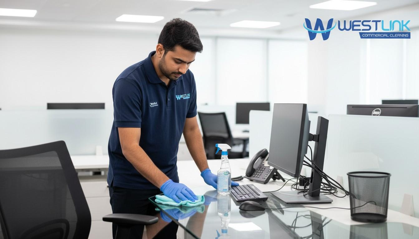 Professional office desk cleaning by Westlink Commercial: sanitizing keyboard, mouse, phone, monitor, and surfaces on a clear, organized workstation while respecting employee privacy.