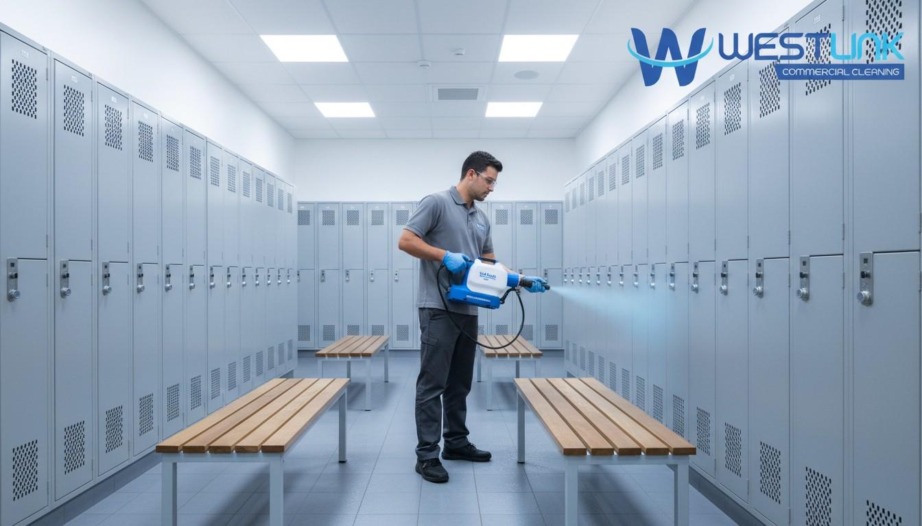 Spraying gym lockers and benches with electrostatic tool.