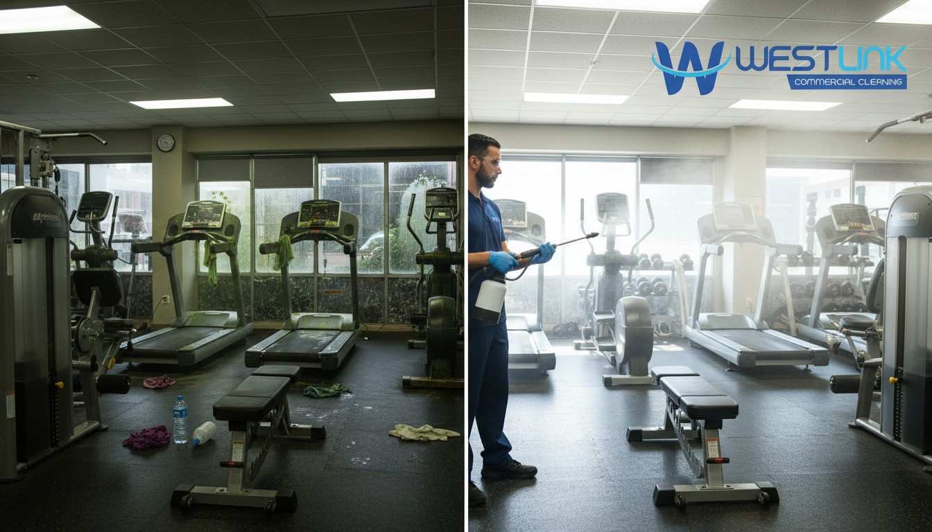 Before and after view of gym cleaning using electrostatic spray.