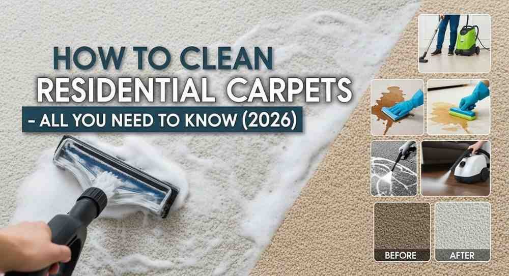 Professional cleaner using a carpet cleaning machine on a residential living room carpet