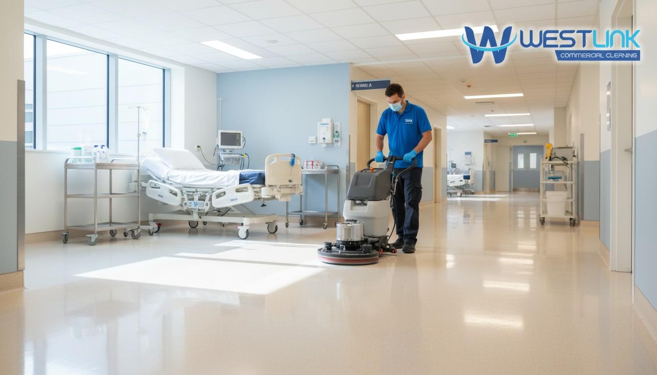 Professional safe cleaning of shiny linoleum floors in hospital or healthcare facility corridor, hygienic and reliable service by Westlink Commercial Cleaning Sydney