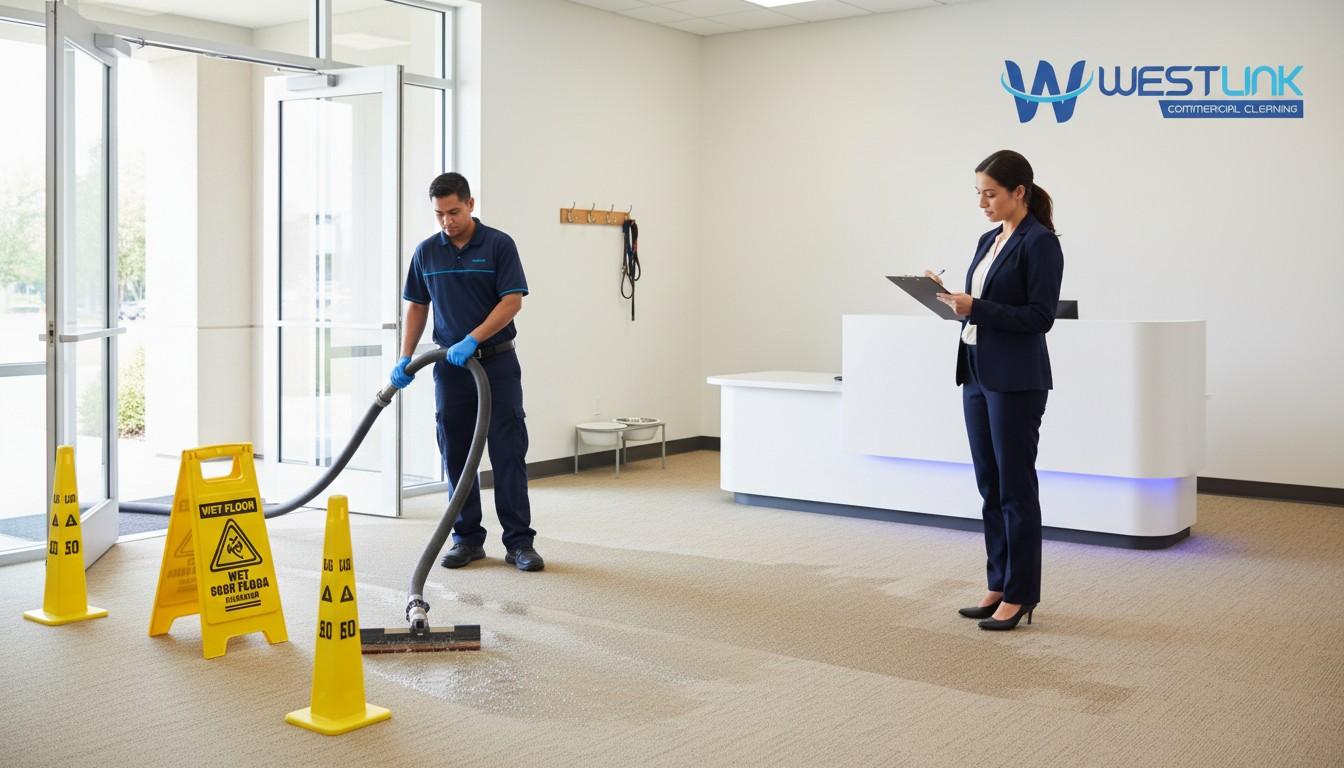 Professional carpet cleaning technicians working in a modern commercial reception area, one operating an extraction hose connected to a truck-mounted unit and the other reviewing a sanitation checklist, while a facilities manager observes nearby in a pet-friendly office environment.