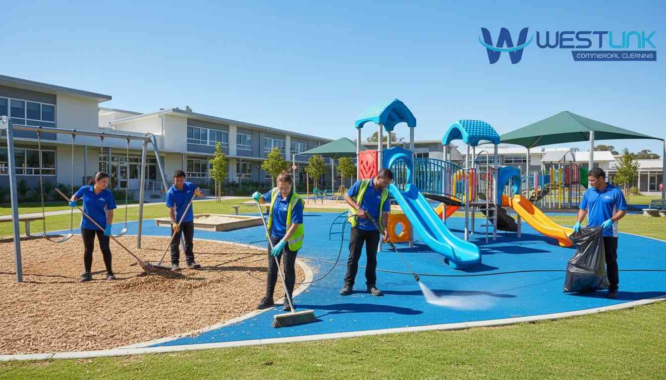 School cleaning team pressure-washing playground equipment at a Parramatta primary school, Sydney.