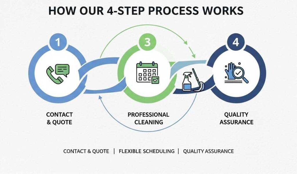 Professional cleaning team following a structured step-by-step process including inspection, deep cleaning, quality checks, and final finishing.
