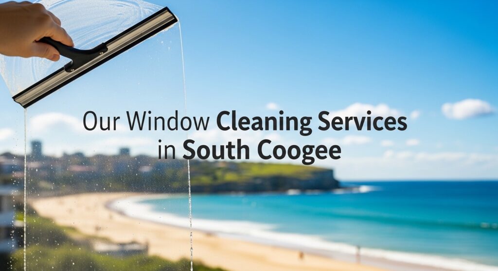 Professional cleaner washing large exterior windows of a modern building with clear coastal surroundings in South Coogee