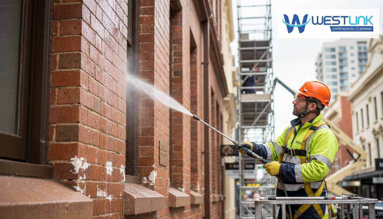 Contractor soft washing heritage brick wall in Sydney with low-pressure wand to avoid damage.
